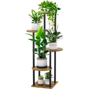 5 Tier Wood Tall Plant Stand Metal Rack Indoor, Multiple Flower Pot Holder Shelves Corner Rack, Round Planter Shelf Display Rack Storage Organizer for Patio Living Room Balcony(Black+Brown)