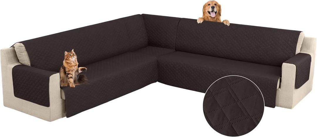 Arfntevss Corner Sectional Couch Covers for Sectional Sofa L Shaped Sofa Cover Washable Quilted Sofa Slipcover Non Slip U Shape Couch Cover Pet Dog Furniture Protector (Dark Brown, XX-Large)