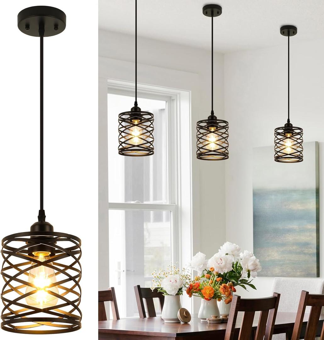 WILON Farmhouse Pendant Lights for Kitchen Island,5.9'' Spiral Cage Pendant Lights,Adjustable Black Industrial Pendant Light Fixtures Retro Lighting for Kitchen Island, Living Room, Bedroom (1-Light)
