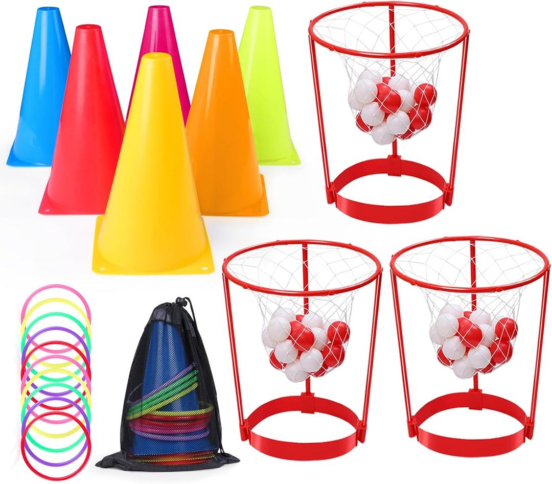 Hooqict Carnival Games Set Head Hoop Basketball Party Game and Bean Bag Toss Can Games Soft Plastic Cone Backyard Ring Toss Game for Kids Indoor Outdoor School Field Day Birthday Party Yard Games