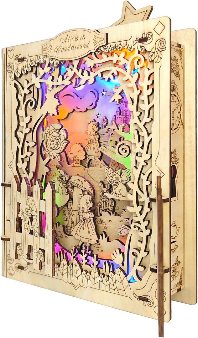 3D Wooden Puzzles for Kids - Alice in Wonderland Book Nook Kits with Night Light Feature
