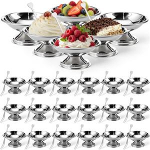 24 Pcs Stainless Steel Ice Cream Bowl Bulk Mini Silver Serving Dessert Cups Round Footed Yogurt Sundae Bowls Metal Snack Dish for Fruit Pudding Wedding Birthday Commercial Party (3.93 Inch)