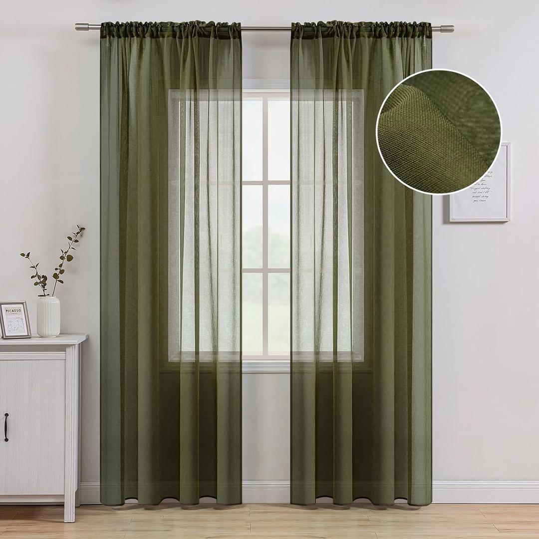 MIULEE Olive Green Sheer Curtains Linen Textured 84 Inches Long 2 Panels for Bedroom Living Room, Semi Transparent Farmhouse Rod Pocket Light Filtering Voile Window Drapes, W 42 x L 84 inch Length