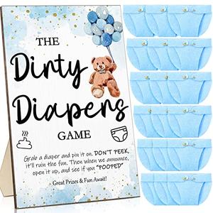 Roowest Dirty Diaper Baby Shower Games Funny Wooden Sign  Mini Diapers Cute Felt for Gender Reveal Party Baby Shower(Bear Blue)