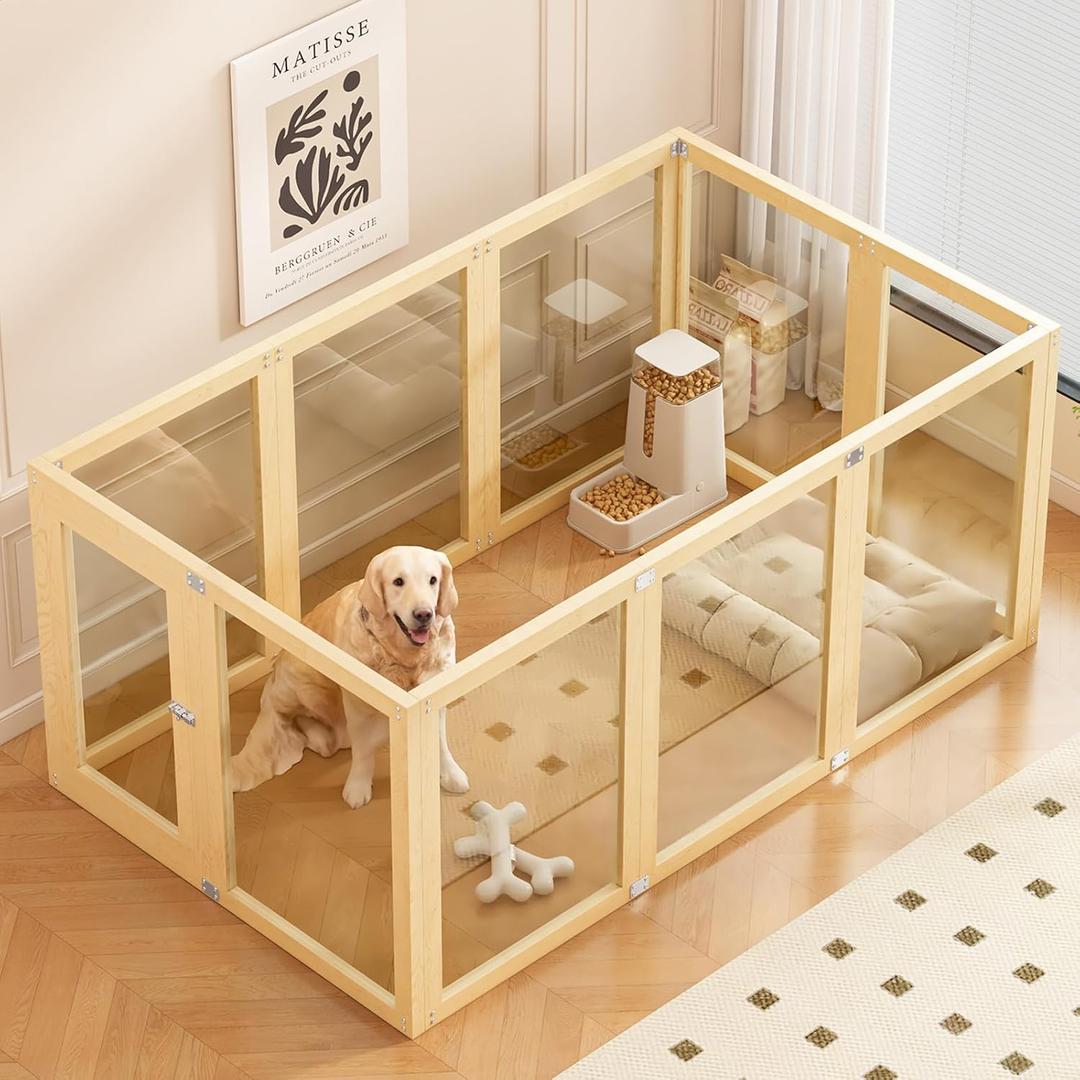 Clear Acrylic Dog Playpen Indoor with Solid Wood Frame, 10 Panels Clear Dog Playpen for Small Dogs, Easy Assembly Acrylic Pet Pen, Safe and Sturdy Play Area for Puppy Rabbit Indoor