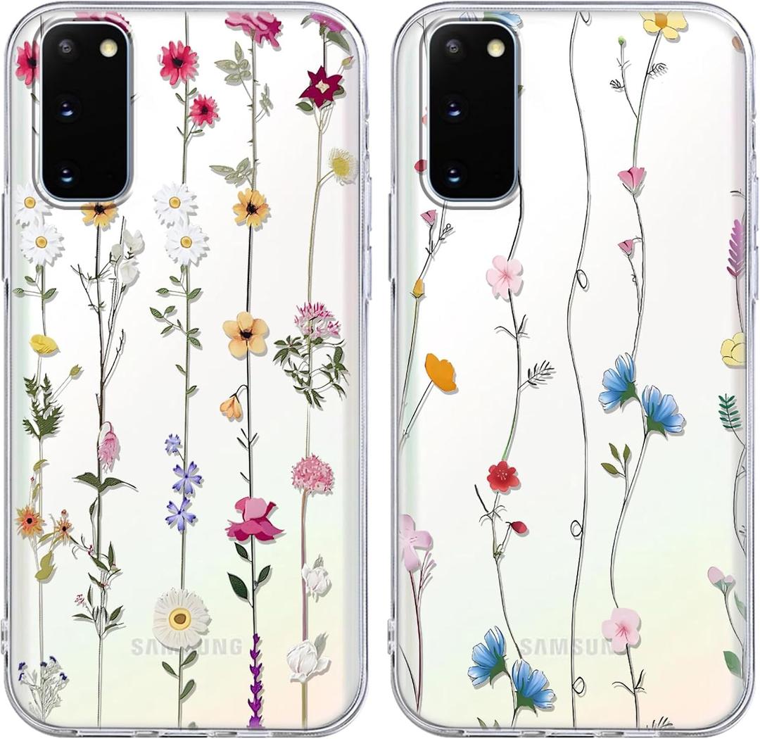 2 Pack Flowers Print for Samsung Galaxy S20/S11e 6,2" Case, Cute Floral Pattern Design Funda Aesthetic Theme Clear Phone Cases Protective Bumper Women Men Girly Transparent Back Cover,2