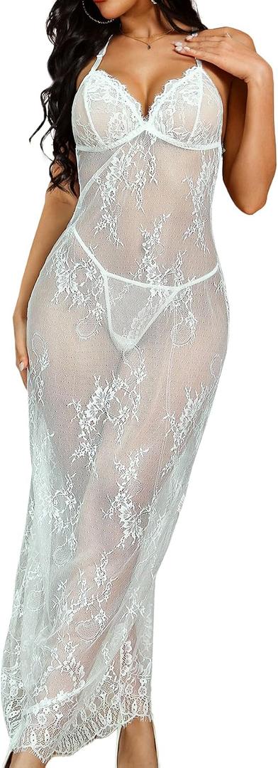 Hilinker Women's Sheer Lace Lingerie Dress Sexy Long See Through Mesh Chemise Nightgown with Thong White X-Small (White, XS)
