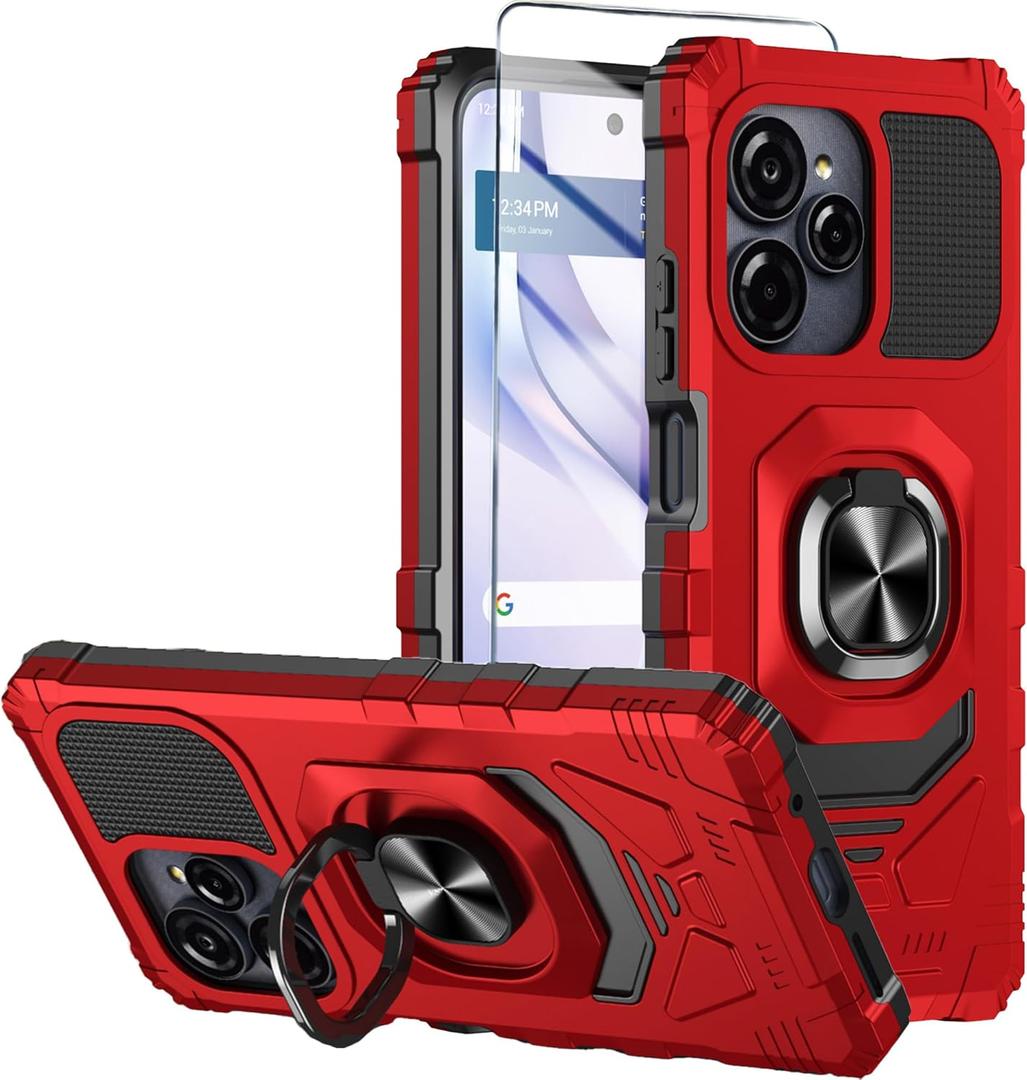 for BLU View Speed Ultra 5G Phone Case with Tempered Glass Screen Protector,Dual Layer Shockproof Protection Cover,with Ring Kickstand (Red)