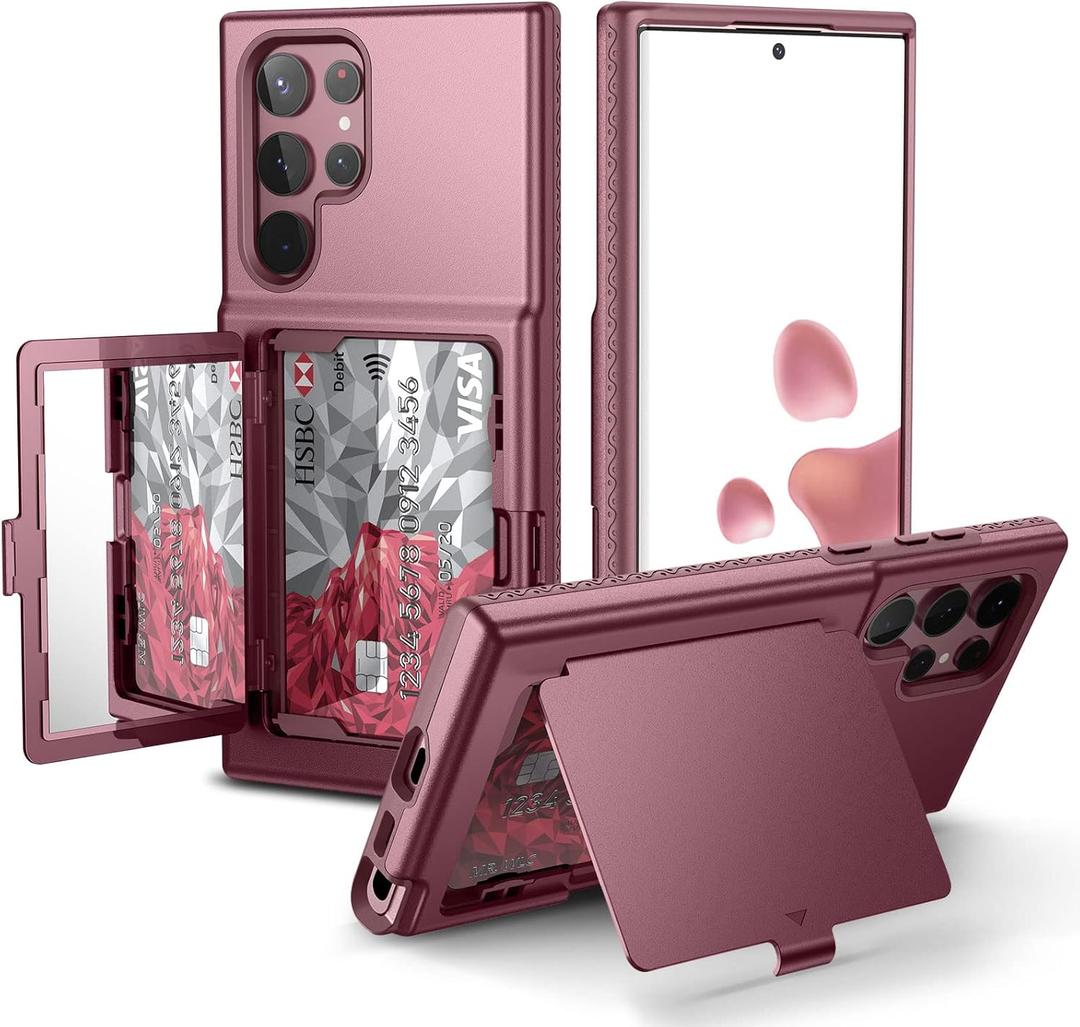 WeLoveCase for Samsung Galaxy S22 Ultra Wallet Case with Credit Card Holder & Hidden Mirror, All-Round Protection Shockproof Phone Cover Designed for Samsung Galaxy S22 Ultra, 6.8 Inch Burgundy