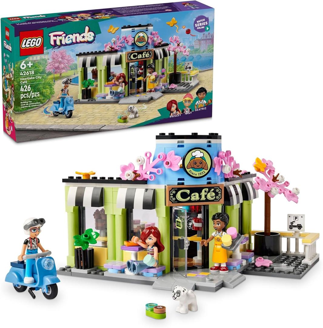 LEGO Friends Heartlake City Caf Shop Toy for Kids, Bakery Building Set, Birthday Gift Idea for Girls and Boys Ages 6 Years and Up with 3 Mini Dolls and a Dog Toy Figure, 42618