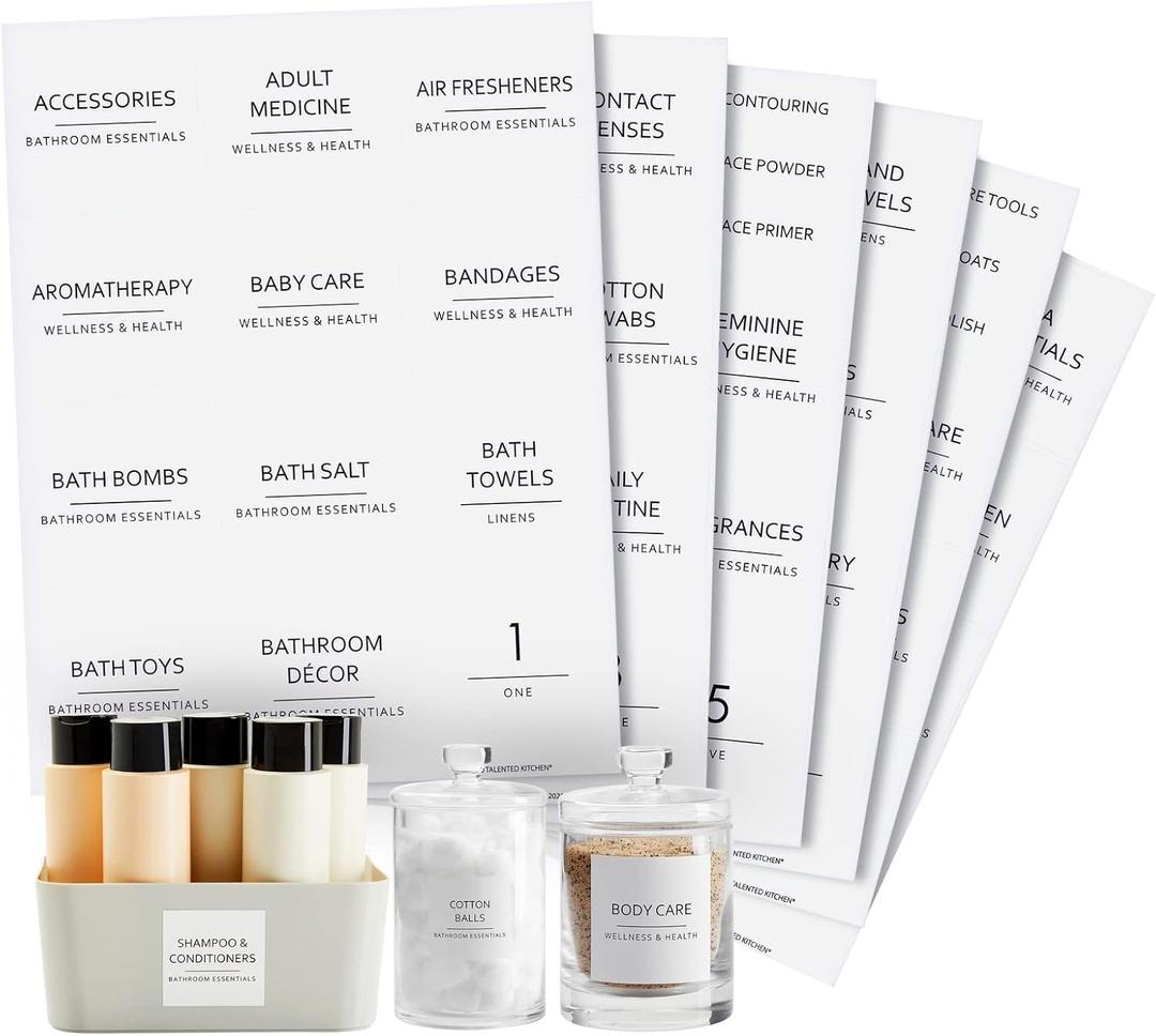 Talented Kitchen Minimalist Bathroom Labels for Organizing - 174 Labels, 2.5" x 2.5" & 2.5" x 0.75", Black on White - Stickers for Jars & Bottles - Water-Resistant for Medicine Cabinet