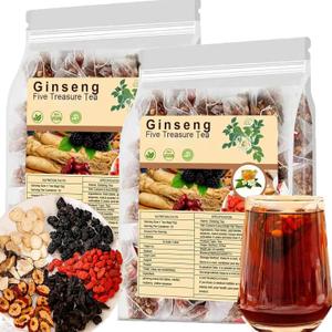 Ginseng Five Treasures Tea - Kidney Tea Formula Ginseng Six Treasure 6 Ingredients Wubao Herbal Red Date Natural Chinese Cleanse for Men Women (2Pack-50Bags)