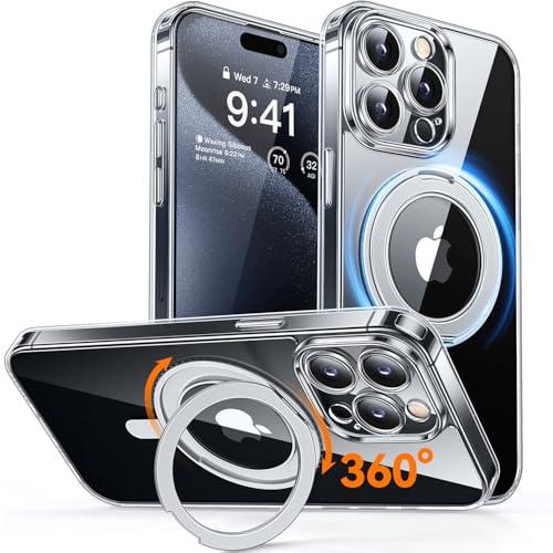 CANSHN 360° Spin Magnetic Stand for iPhone 15 Pro Max Case [Full Camera Protection] [Compatible with Magsafe] Non-Yellowing Shockproof Protective Kickstand Phone Cover 6.7" - Clear