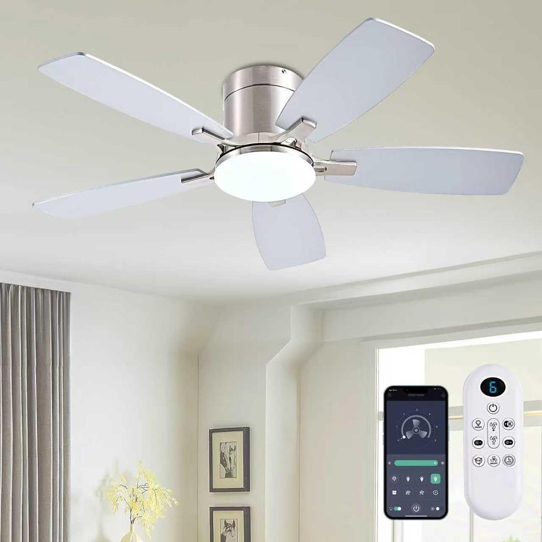 Ayaoty 42 Inch Low Profile Ceiling Fans with Lights and Remote, Flush Mount Modern Ceiling Fan, 3CCT Dimmable DC Ceiling Fan for Bedroom, Living Room, Brushed Nickel