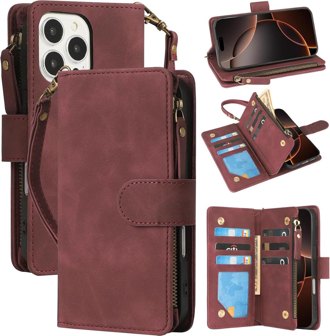 RANYOK Compatible with iPhone 16 Pro Max Wallet Case - PU Leather Wallet Case for iPhone 16 Pro Max with Credit Card Holder RFID Blocking Zipper Pocket [Wrist Strap] Protective Case (Wine Red)