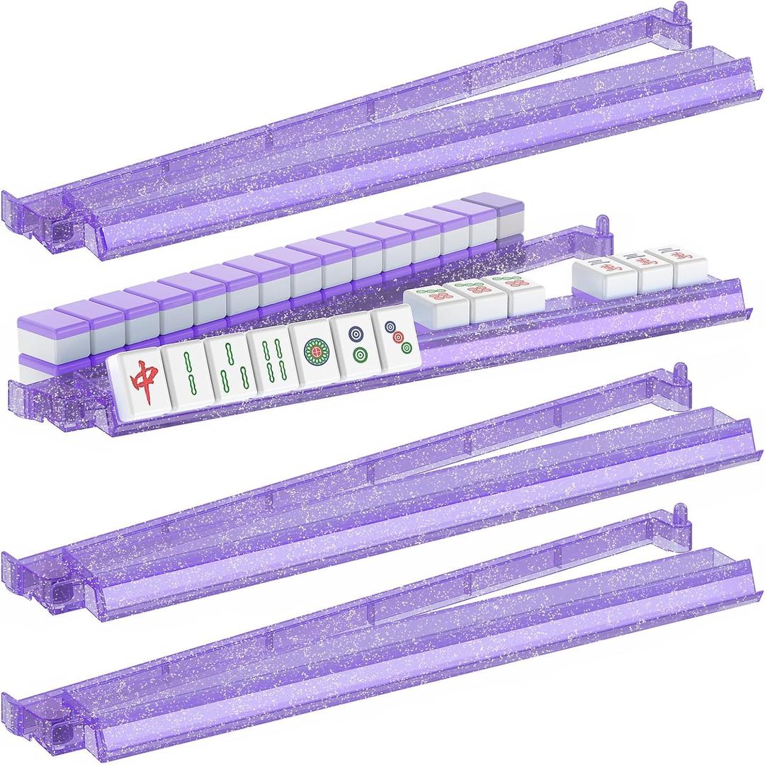 18.5 Inch Mahjong Racks with Pushers - Set of 4 Premium Tile Holders for 1.2" American Mahjong Games, Smooth Sliding for Family Game Nights (Purple with Glitter)