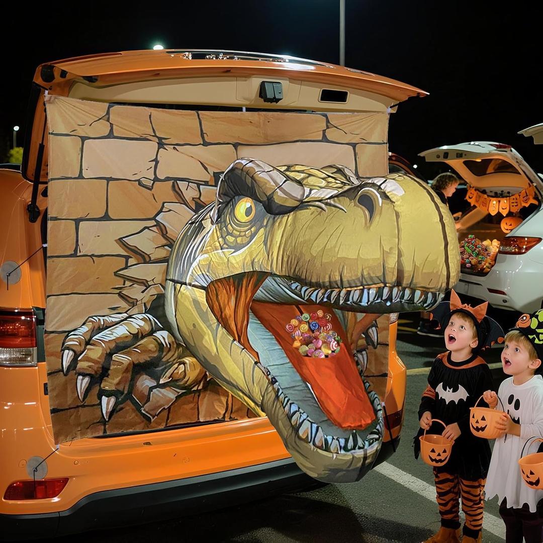 2025 Halloween Trunk or Treat Car Decorations, T-Rex Theme Halloween Car Inflatable Decor, Built-in LED Lights & Candy Pocket for Outdoor Trunk Parties & Events