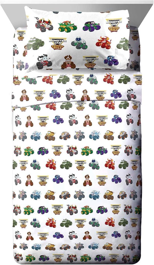 Jay Franco Kids Sheet Set with Fitted, Flat Sheets & Pillow Cover - Ultra-Soft Bedding with Pillowcase for Room Decor, White - Monster Jam, 3 Piece Toddler