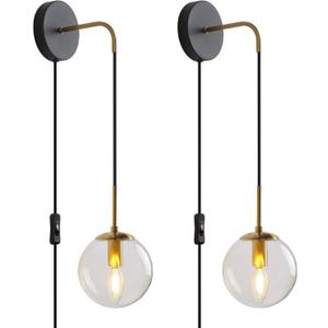 KUZZULL Wall Sconces Set of Two Black and Brass Plug in Wall Sconces Set of 2 with Globe Clear Glass Shade Wall Lights Wall Lamps for Bedrooms Sconces Wall Decor Set of 2 with Plug in Cord Switch, 29in