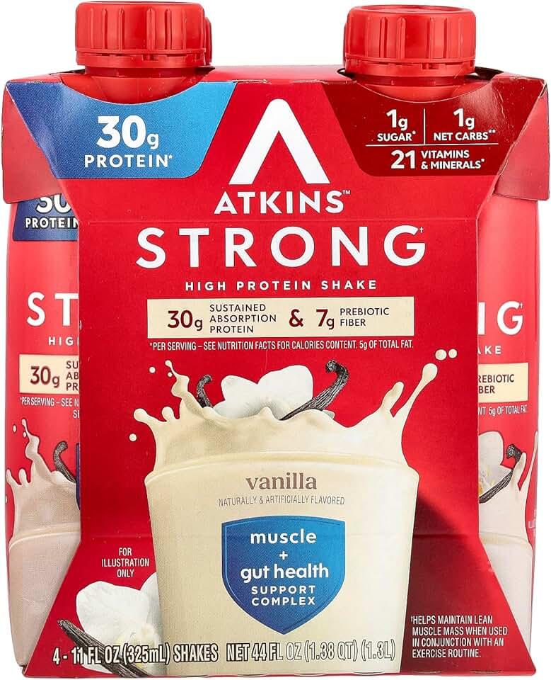Atkins Strong High Protein Shake, Vanilla, 30g Protein, 7g Prebiotic Fiber, Muscle & Gut Health Support Complex, 12 Count, Best By: 10/09/2026