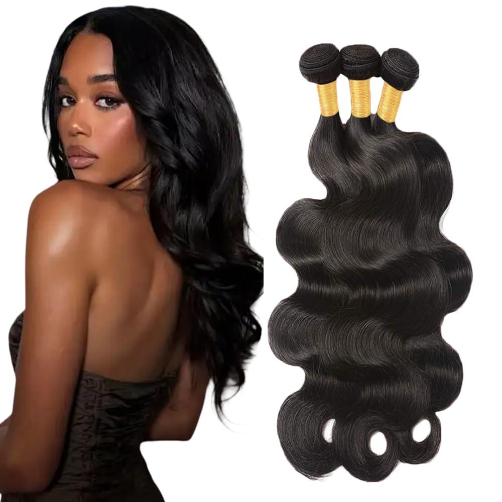 #1B Human Hair Bundles Natural Color Body Wave Bundles 26 28 30 Inch Unprocessed Brazilian Virgin Hair 3 Bundle 50 Gram Per Bundle Deals Quick Weave Hair Extensions