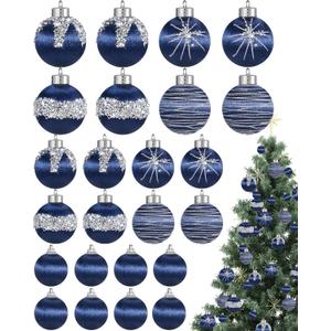Poen 24 Pcs Christmas Balls Ornaments 3 Size Satin Silk Xmas Hanging Ball Decorations Luxury Shatterproof Christmas Tree Decor for Xmas Holiday Wedding Party Decoration(Blue)