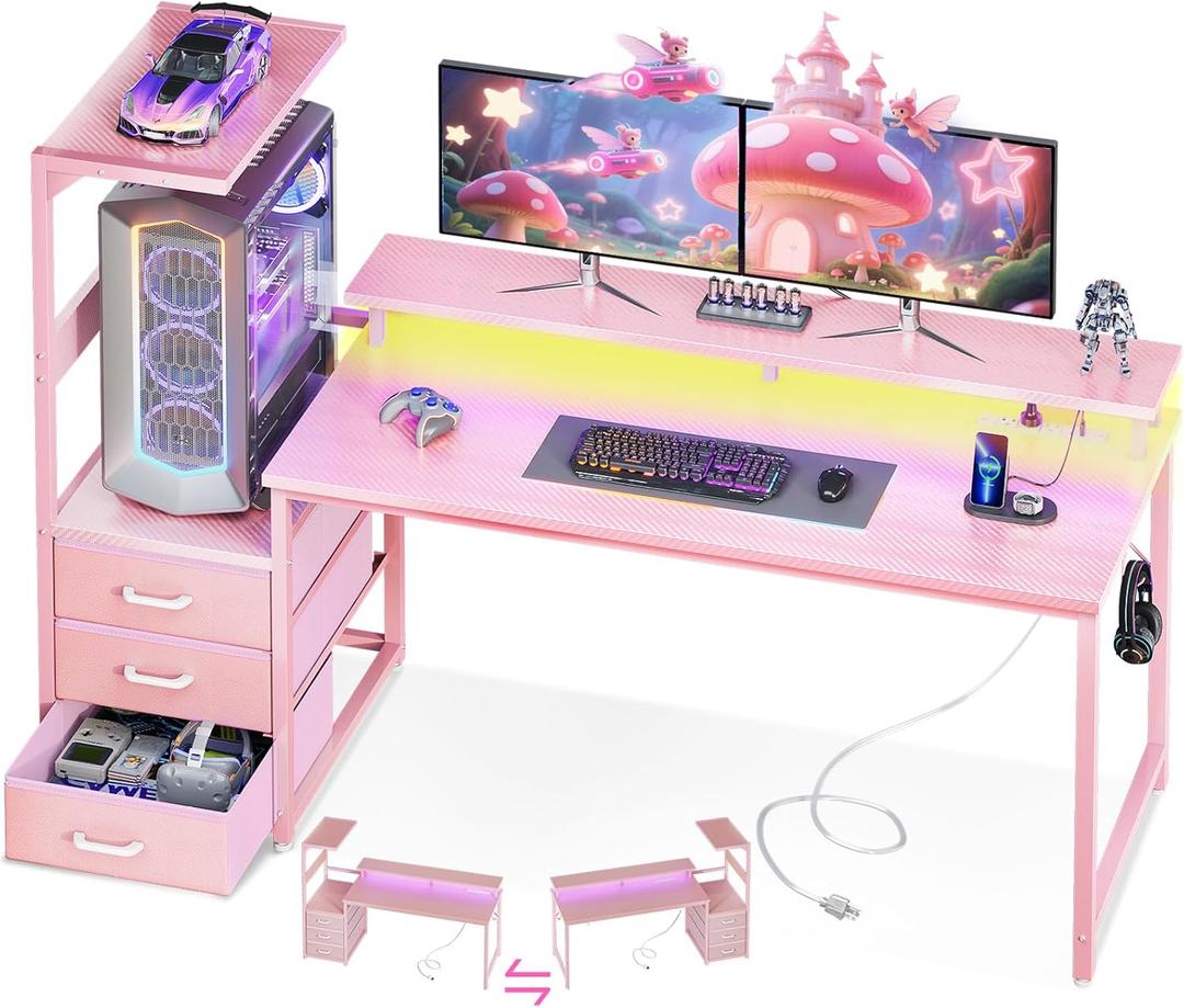 AODK 59 Inch Gaming Desk with USB Charging Ports & LED Light- Reversible Computer Desk with Storage Shelves & Monitor Stand, Modern Gamer Desk Table with Fabric Drawers & Side Hook, Carbon Fiber Pink