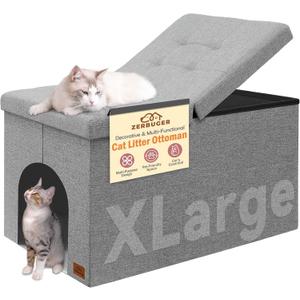 Zerbuger Cat Litter Box Enclosure Furniture for Odor Control, Hidden Cabinet Cats Litter Ottoman with Flip-Up Lid,Cat Litter Box Bench with Storage Space, Dog Proof (Light Grey, X-Large), 30"L x 20"W x 20"H