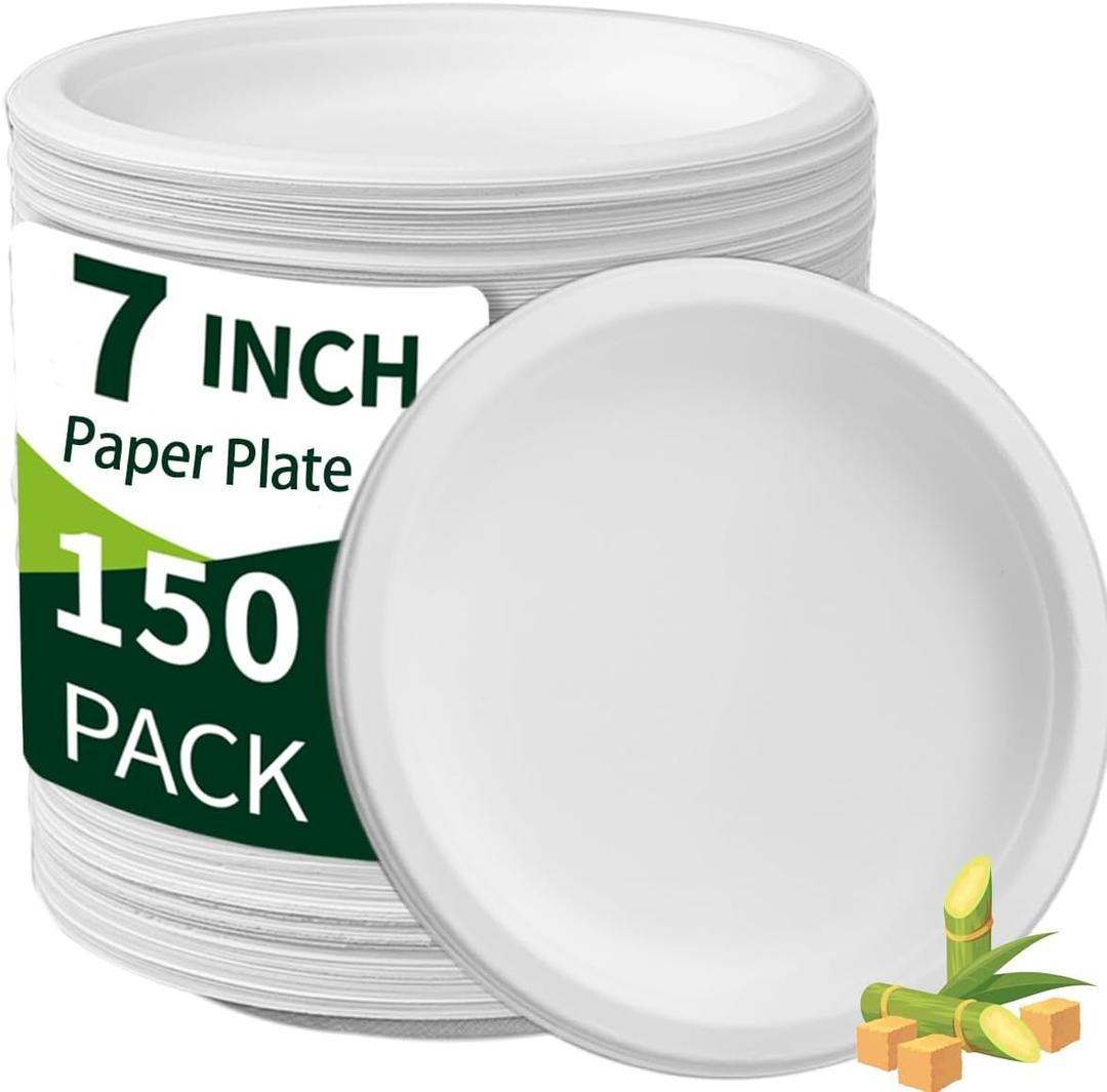 White Paper Plates 7 Inch (Round,150 Count) Heavy Duty Disposable Dinner Plates Bulk, Small Compostable Dessert Dishes for Party, BBQ and Gathering, Microwave-Safe/Sturdy/Leak Resistant