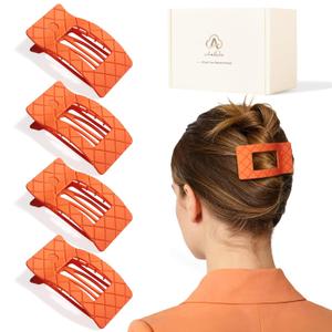 Medium Flat Hair Claw Clips for Women Thin Thick Hair, Stylish Strong Hold Non Slip Square Hair Clips, Cozy French Lay Down Hairclips, Comfortable All-Day Wear, Orange, 4 Pcs
