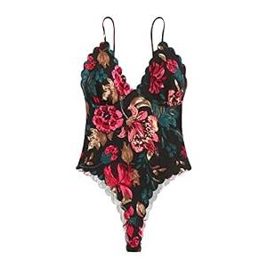 WDIRARA Women's Plus Size Floral Spaghetti Strap Camisole Scallop Trim Cami Bodysuit Top Multicolor 1XL