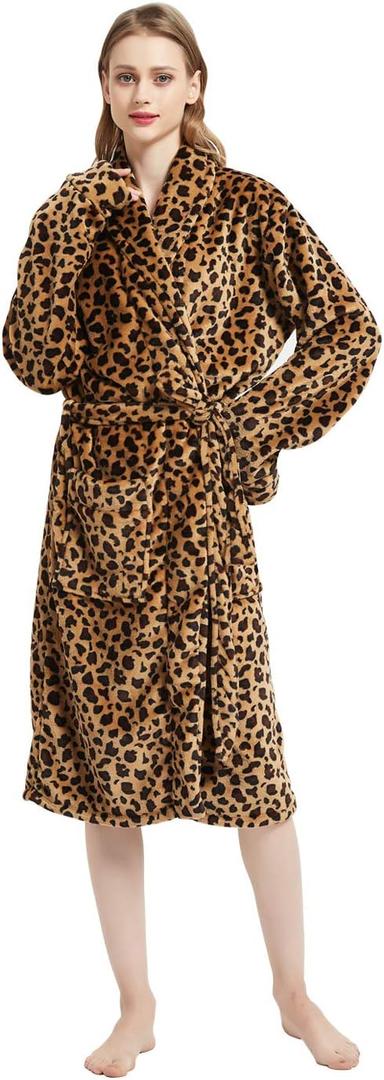 MERRYLIFE Women Bathrobes Lounger Long Nightgown Adjustable Waist Belt Luxury Petite Robes (Medium-Large, Cheetah)