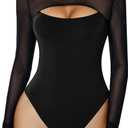 Avidlove Bodysuits for Women Round Neck Shapewear Bodysuit Long Sleeve Bodysuit Sexy Mesh Top Double Lined Cutout Shirt (Large, Black)