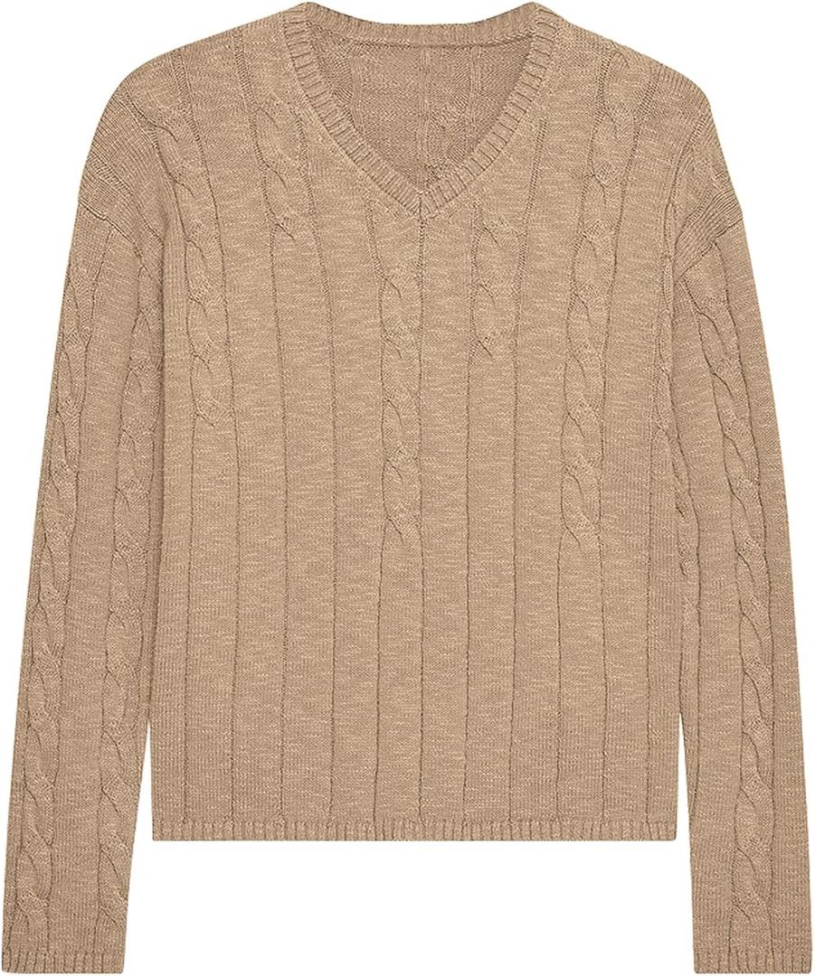 ZAFUL Women's V Neck Cable Knit Sweater 2025 Fall Pullover Long Sleeve Ribbed Loose Top Casual Outfits (Khaki)