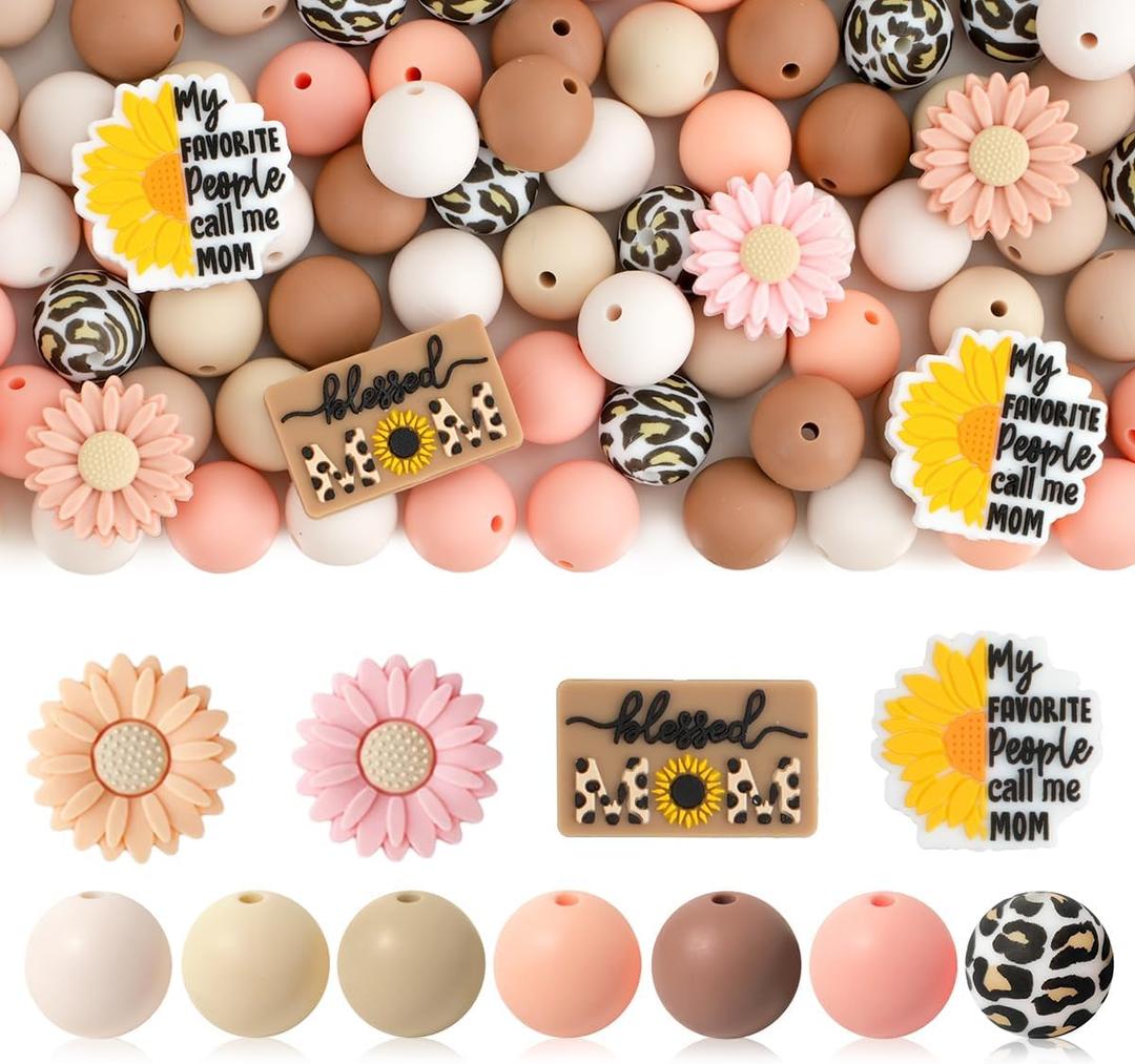 Kaciola 90 PCS Mom Silicone Beads for Keychain Making, Sunflowers Shape 15mm Silicone Focal Beads Bulk for Pens Jewelry Crafts DIY (Mama)
