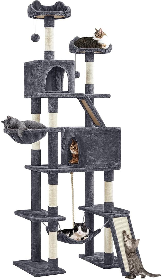 Yaheetech Cat Tree, 82.5in Large Tower w/Hammock, 2 Kitty-Ear Perches, 2 Cozy Condos, Scratching Posts, Basket, Furniture for Large Cats, Kittens, Dark Gray (31 x 19 x 82.5in)