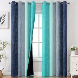 Navy Blue and Teal Gradient Blackout Curtains for Living Room 102 Inch Long, 52"W x 102"L