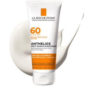 La Roche-Posay Anthelios Melt-In Milk Sunscreen SPF 60, Sunscreen For Body & Face, Broad Spectrum SPF + Antioxidants, Oil Free, Lightweight & Fast Absorbing, Oxybenzone Free (3 Fl Oz (Pack of 1)), Exp Date: 04/26