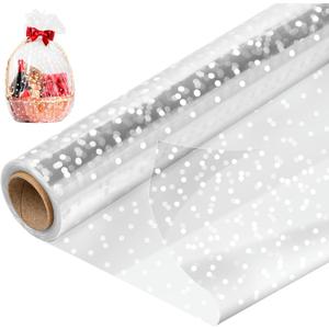 Mauproy 34 In x 100 Ft Valentine's Day Clear Cellophane Wrap Roll, Extra Wide, 2.5 Mil Thick Transparent Wrapping Paper with White Dots for Baskets, Flower Bouquets (34" Fold into 17")