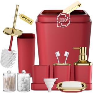 XLHOMO Dark Red Bathroom Accessory Set, 9-Piece Burgundy Bathroom Set with Trash Can, Toothbrush Holder, Toothbrush Cup,Soap Dispenser,Soap Dish,Toilet Brush Holder,2 Qtip Holder Dispensers and Tray