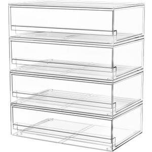 A-LuGei 【𝟰𝗣𝗖𝗦】 Acrylic Stackable Storage Drawers, 11.8" W Makeup Organizer, Bathroom Organizer and Storage, Plastic Storage Bins for Kitchen Cabinet Pantry Medicine Fridge