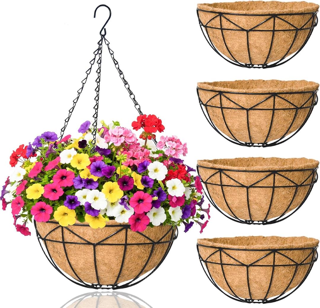 4 Pack 14 Inch Hanging Baskets for Plants Outdoor Metal Hanging Planters with Coco Coir Liner Round Wire Plant Holder Hanging Flower Pots for Outdoor Patio Lawn Balcony Garden Decor - Geometric