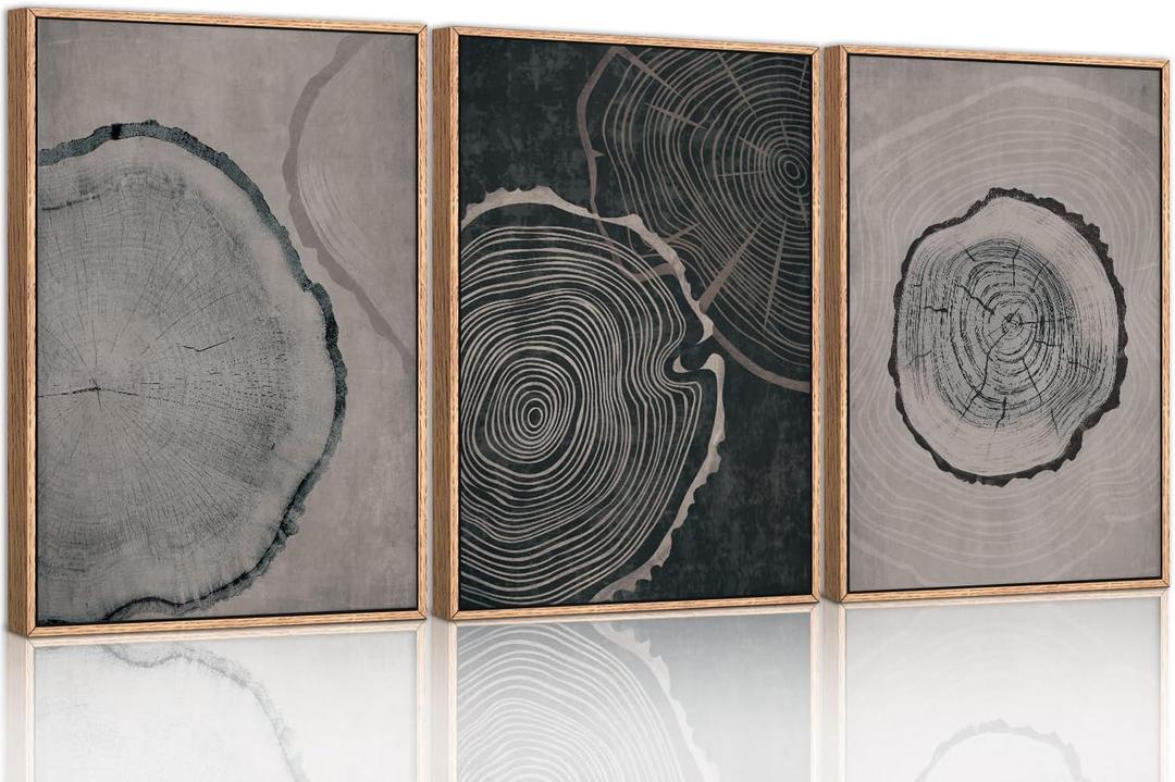 Ausril Tree Ring Framed Canvas Wall Art Set of 3, Modern Beige Wood Stump Wall Decor, Black and Gray Tree Spiral Wall Painting, Neutral Nature Art Print for Living Room, Bedroom, Office - 36"x24" (24*36inch, Tree Ring)