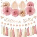 Blush-Pink Rose-Gold Fall Baby-Shower Party-Decorations - 31pcs Welcome Home Banner Sign,Neutral Paper Lanterns,Girl Streamers Garland,Boho Hanging Tissue Pom Poms Flowers Fans Backdrop Decor Burgleda