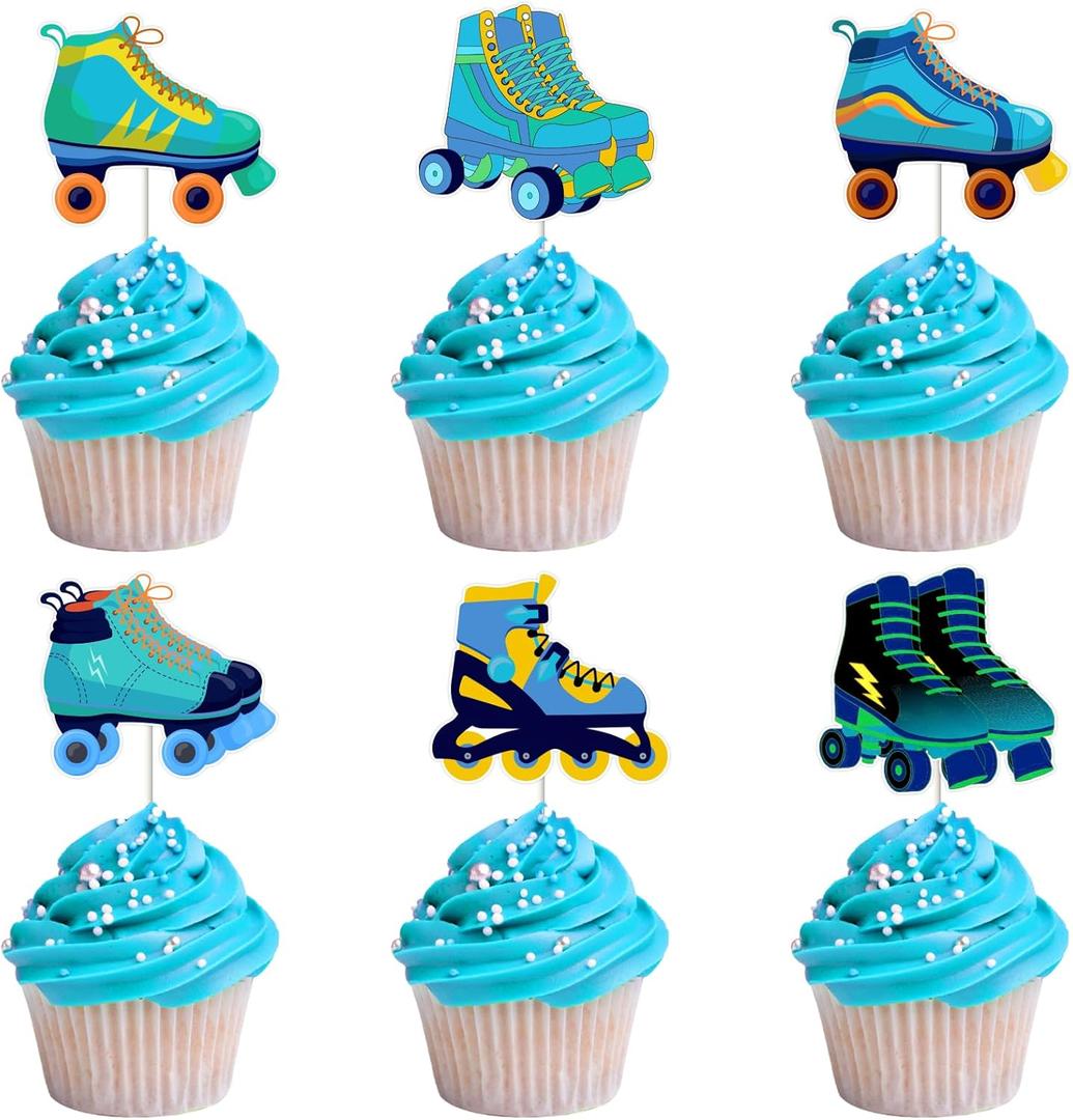 36 Pieces Roller Skates Cupcake Toppers for Boys - Sports Theme Party Dessert Picks, Roll Skating Birthday Party Baby Shower Gender Reveal Decorations Blue