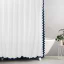 Embroidered Scalloped Cotton Shower Curtain Linen Textured with 12 Metal Hooks, 72 x 72 Inch Washable Waterproof Cloth Shower Curtains with Navy Blue Border for Bathroom Hotel Bathtub