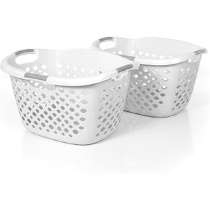Home Logic 1.75 Bushel Plastic Laundry Basket with Hip Grip, Large Laundry Hamper with Handles, Ventilated Clothes Organizer for Bedroom Bathroom Closet, 2 Pack, White