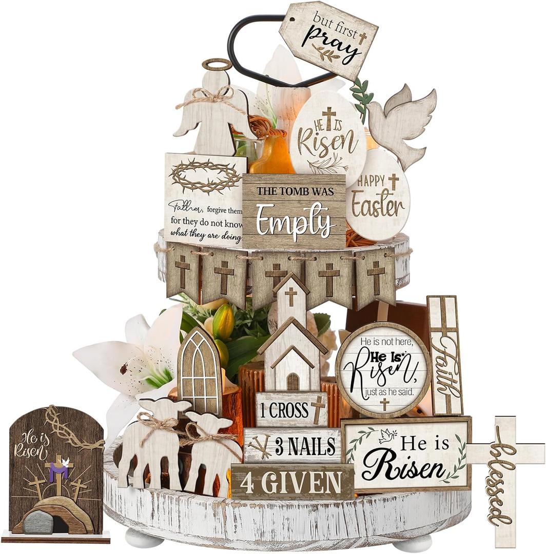24 Pcs Easter Tiered Tray Decor Religious Easter Decorations He is Risen Cross Tray Decoration Sets Christian Cross Table Wooden Sign Farmhouse Table Decor for Home Kitchen Office Holiday