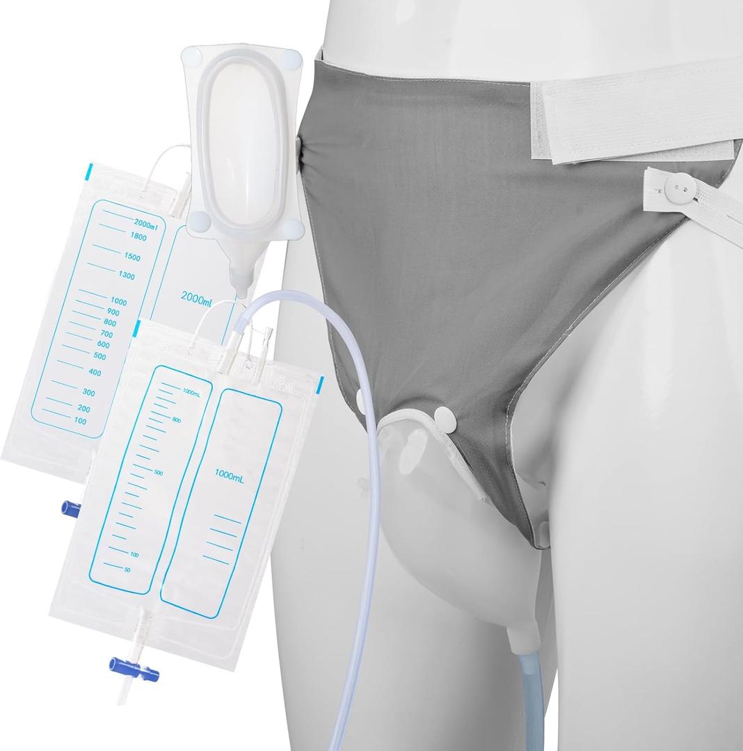 Wearable Urine Collector Set for Men with Reusable Silicone Urine Catcher Breathable Fixed Pants 2 Urine Bags 2000ml 1000ml Adjustable Elastic Belt Design for Home and Travel Use, Elderly Grey