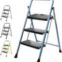 TICONN 3 Step Ladder, Heavy Duty Foldable Step Stool, Portable Steel Folding Stool for Household Garage Storage (Blue)